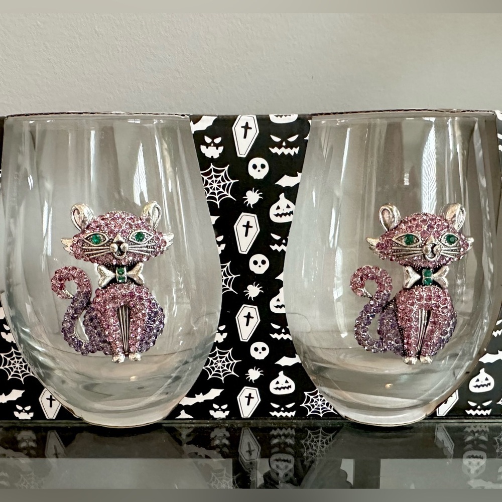 Stemless Wine Glasses - Set of 2 - Pink Purple Rhinestone Cat - NEW